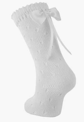 Baby Knee High Openwork Scottish Yarn w/Back Satin Bow Sock