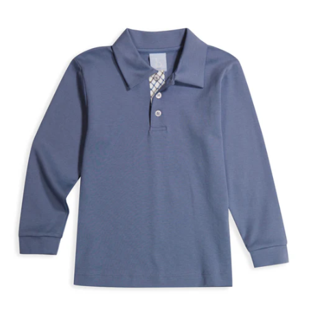 Long Sleeve Pima Polo in Steel Blue with Dutton Check