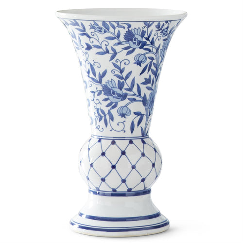 14 Inch Blue & White Fluted Chinoiserie Vase
