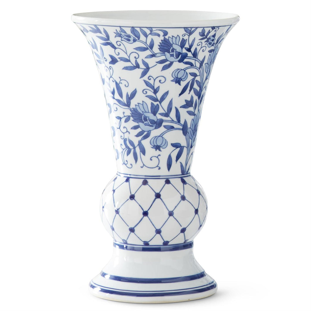 14 Inch Blue & White Fluted Chinoiserie Vase