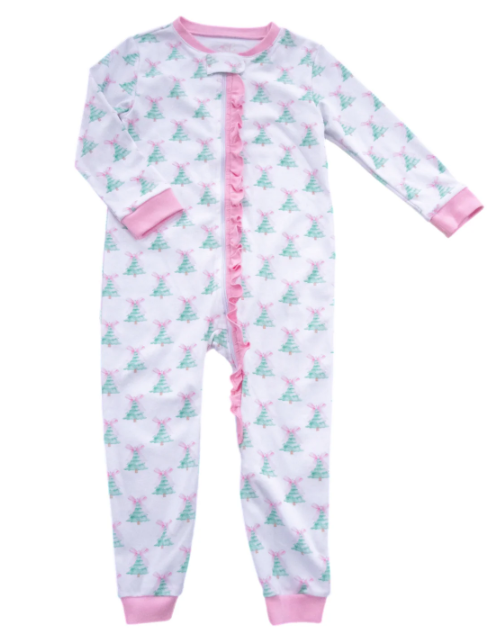 One Piece Zip Up Jammies, Pink Christmas Tree Knit