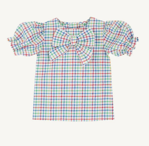 Short Sleeve Beatrice Bow Blouse in Windowpane