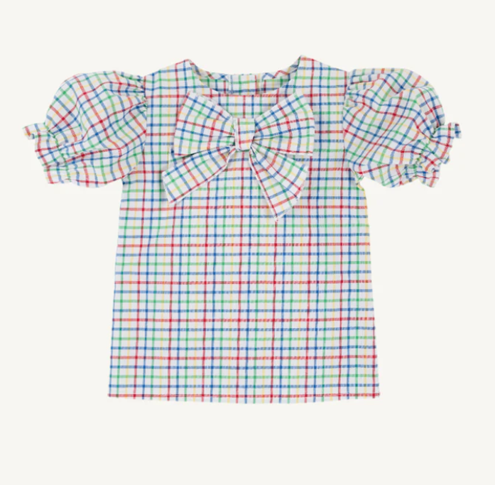 Short Sleeve Beatrice Bow Blouse in Windowpane