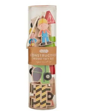 Convenient carrying toy set includes workers with hardhats, signs, machinery, and more!