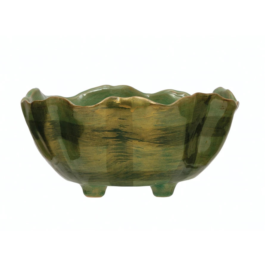 Green Plaid Stoneware Bowl w/ Ruffled Edge