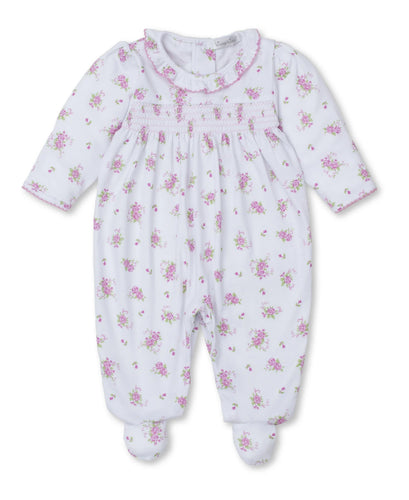 Pink Rose Scroll White Smocked Footie