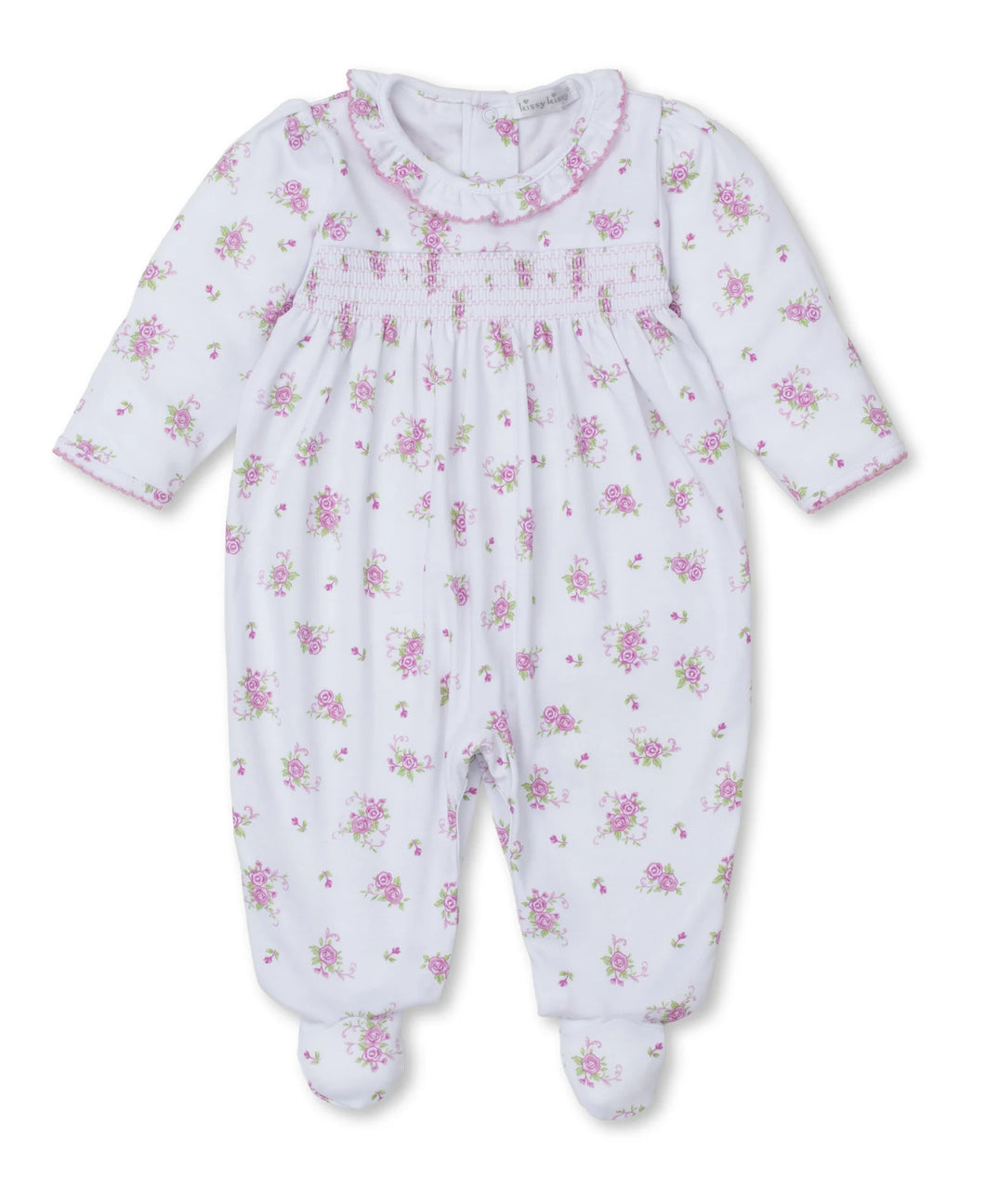 Pink Rose Scroll White Smocked Footie