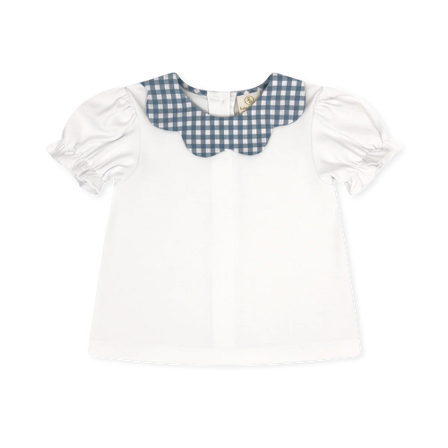 Scarlett Blouse in White with Stone Blue Check