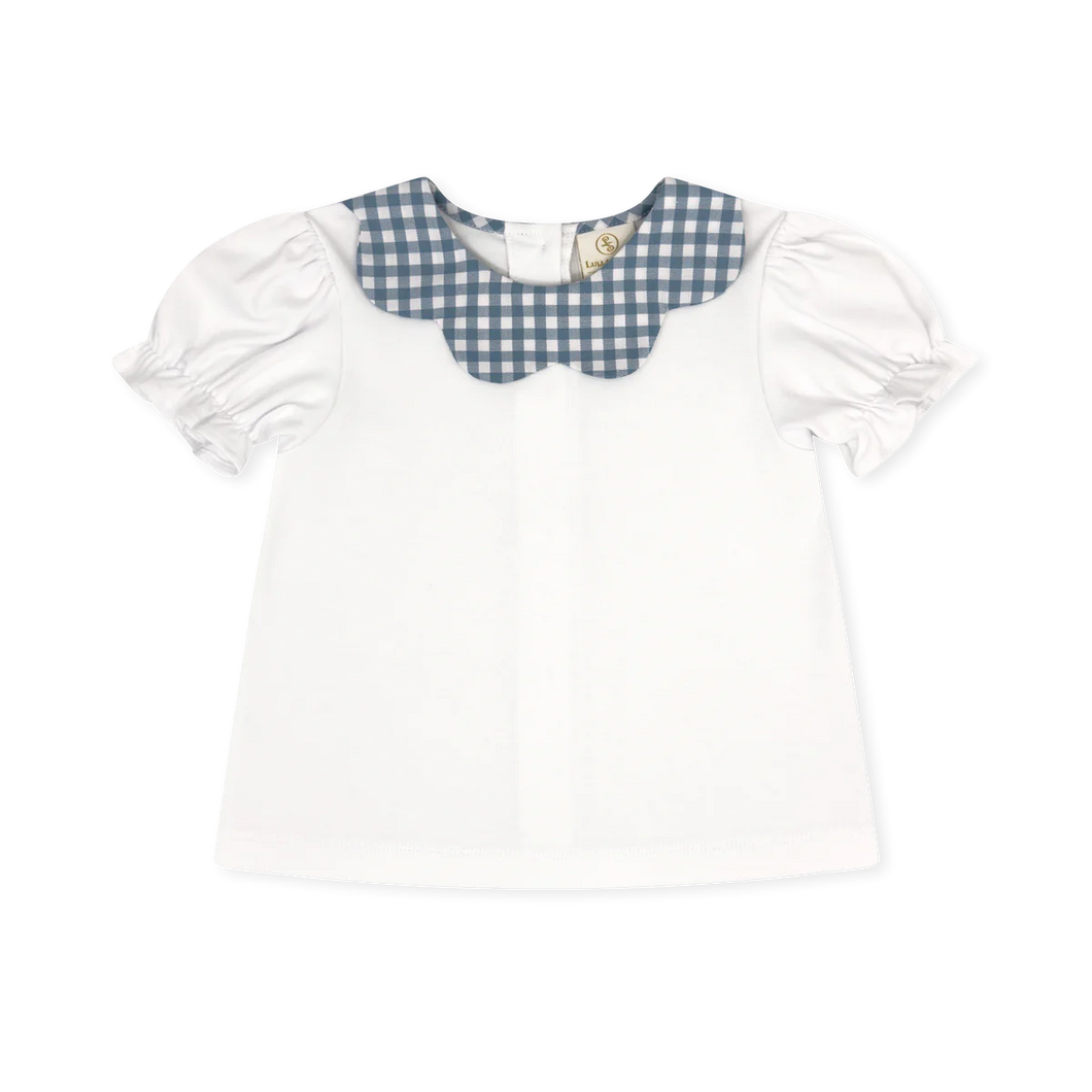 Scarlett Blouse in White with Stone Blue Check