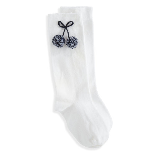 Varsity Knee High Socks White with Navy Pom Poms