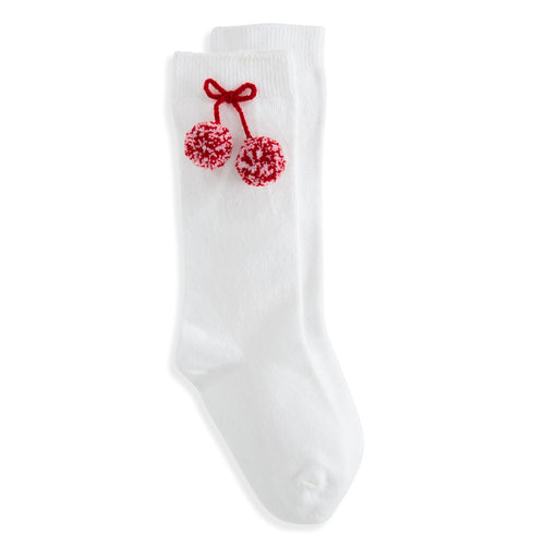 Varsity Knee High Socks White in Red Pom Poms