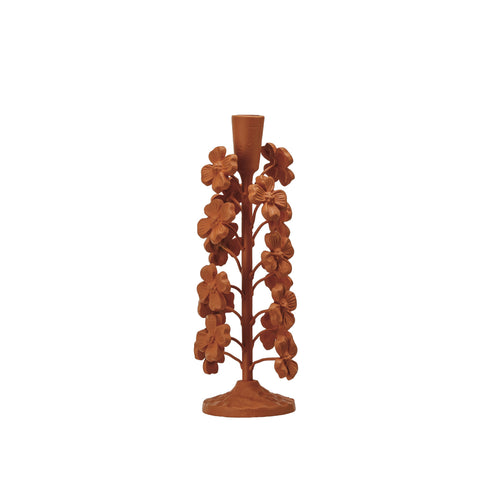 Cast Iron Flowers Taper Holder, Terra-cotta Color