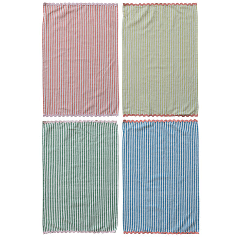 Woven Cotton Striped Tea Towel with Ric Rac Trim, 4 Colors