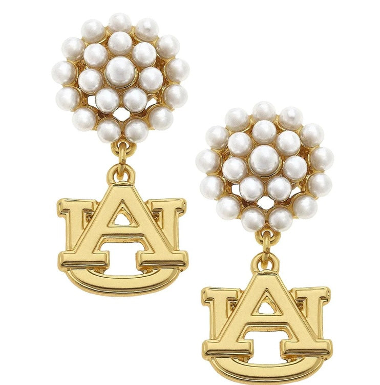 Auburn Tigers Pearl Cluster 24K Gold Plated Logo Earrings