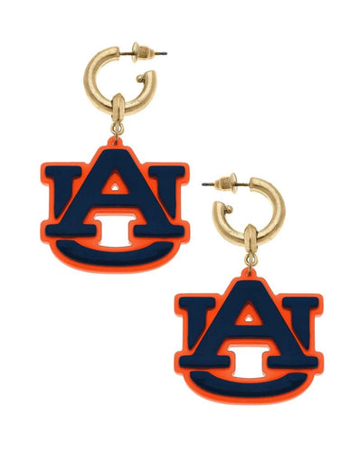 Auburn Tigers Resin Logo Drop Hoop Earrings in Navy