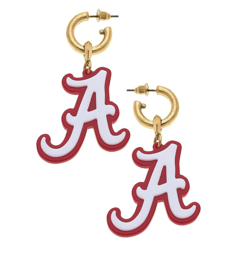 Alabama Crimson Tide Resin Logo Drop Hoop Earrings in Crimson