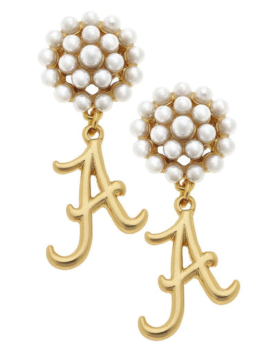 Alabama Crimson Tide Pearl Cluster 24K Gold Plated Logo Earrings