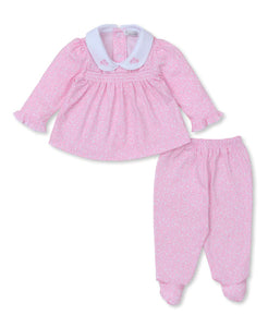 Pink Fall Flower Patch Footed Pant Set Smock