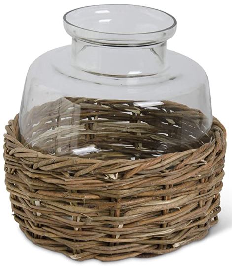 Clear Glass Vase in Woven Rattan Basket