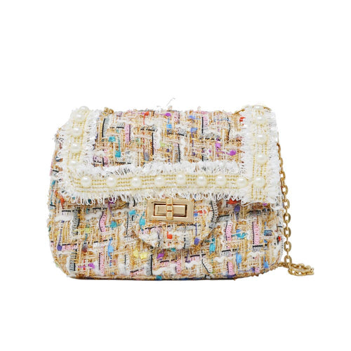 Classic Tweed Handbag with Pearls: White