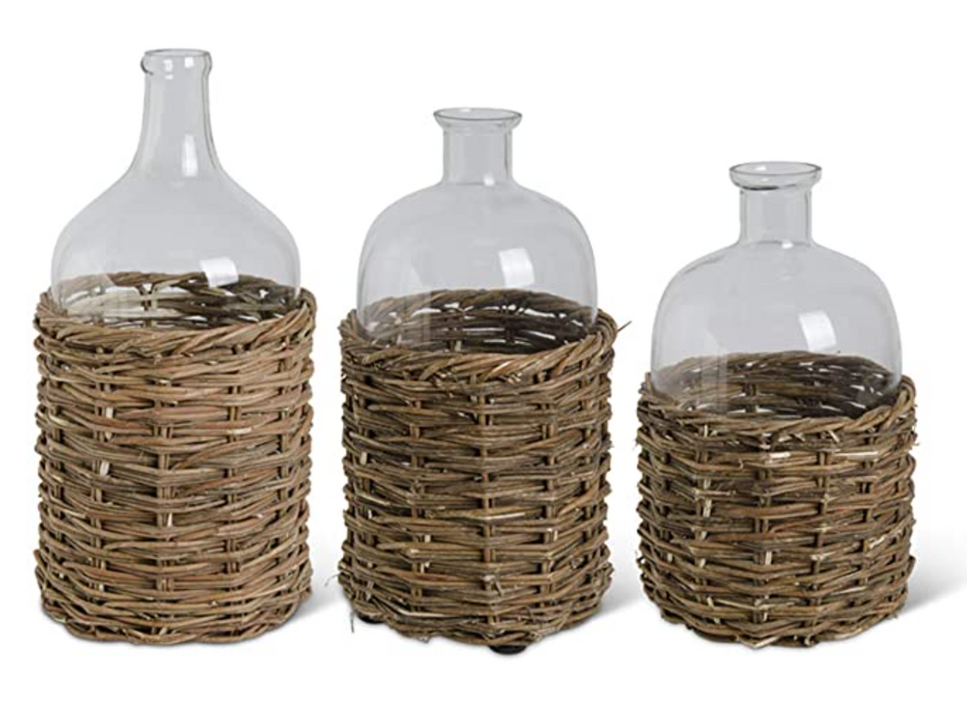 Glass Bottle in Woven Rattan Basket