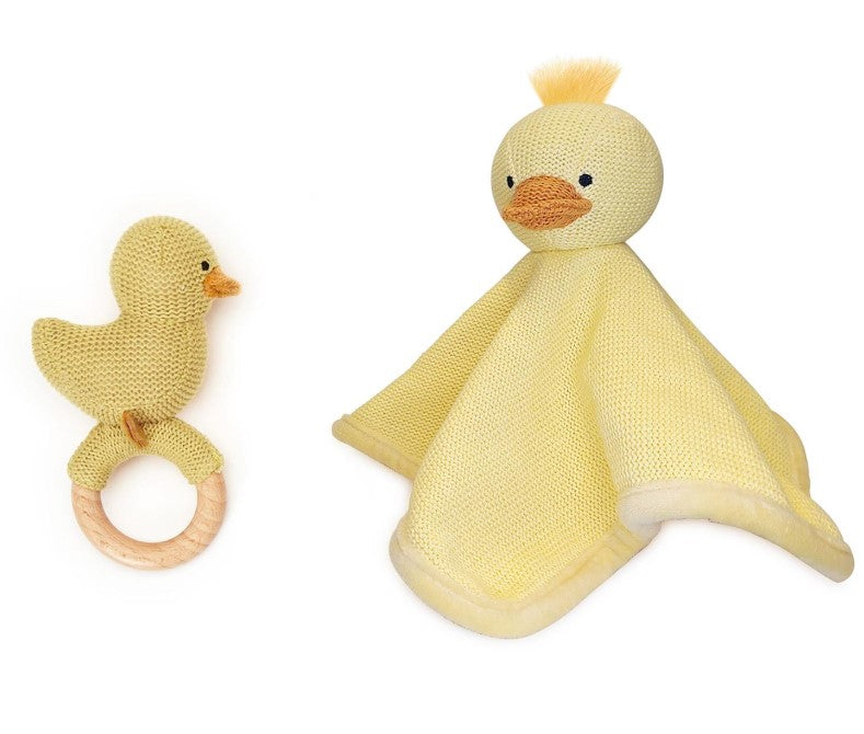 Duckie Knitted Snuggle and Rattle Set
