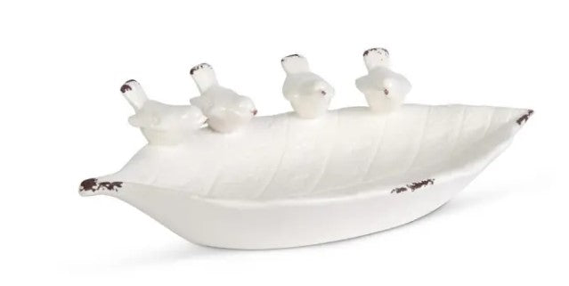 14 Inch Ceramic Leaf Bowl with Song Birds